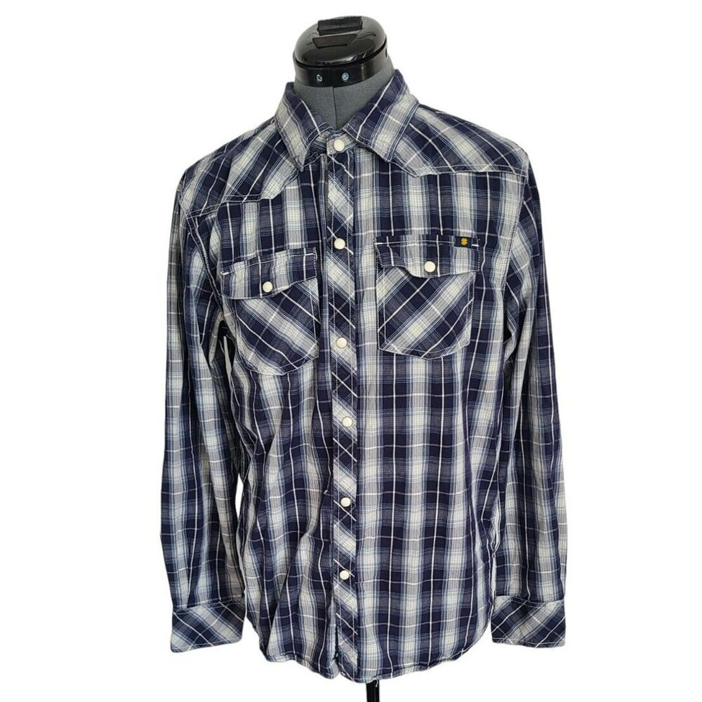 Lucky Brand Mens XL Navy Blue White Plaid Western Pearl Snap Long Sleeve Shirt‎